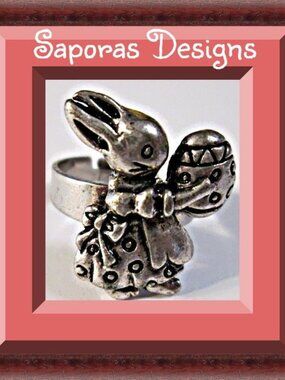 Vintage Silver Tone Bunny Rabbit Easter Design Ring Size 6 & Adjustable To Fit